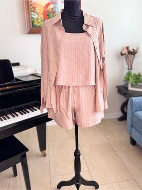 Women's Pink Ribbed 3-Piece Lounge Set